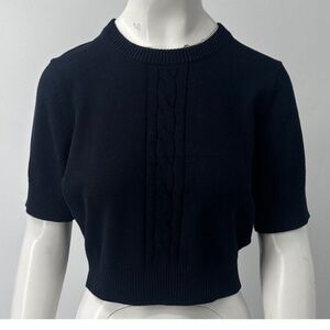 Minnie Rose navy blue short sleeve knitted cropped sweater NWT sz L